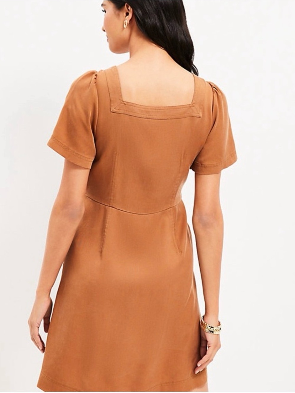 LOFT Brown Lyocell Square Neck Button Front Puff Sleeve Utility Mini Dress 8 NWT - Picture 2 of 12